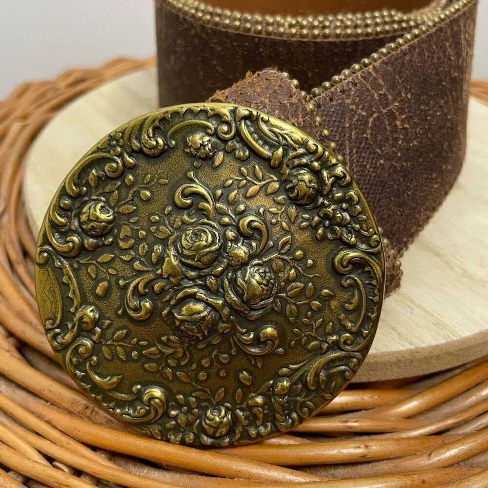 Belt Shak Leather Belt Large L Tooled Flower Buckle Brown Made in Canada #2470